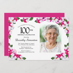Pretty Magenta Pink White Photo 100th Birthday Invitation