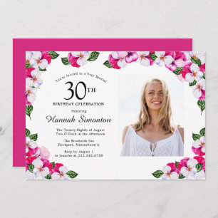 Pretty Magenta Pink White Photo 30th Birthday Invitation