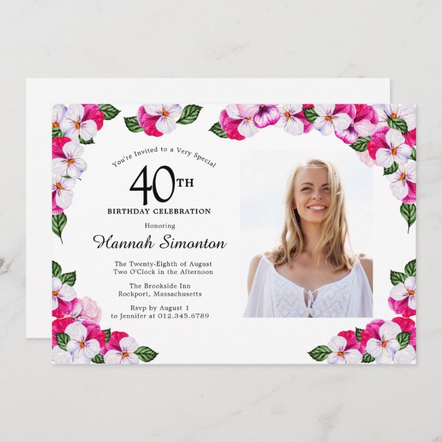 Pretty Magenta Pink White Photo 40th Birthday Invitation (Front/Back)