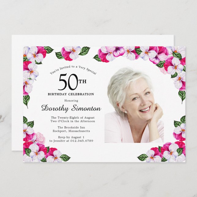 Pretty Magenta Pink White Photo 50th Birthday Invitation (Front/Back)