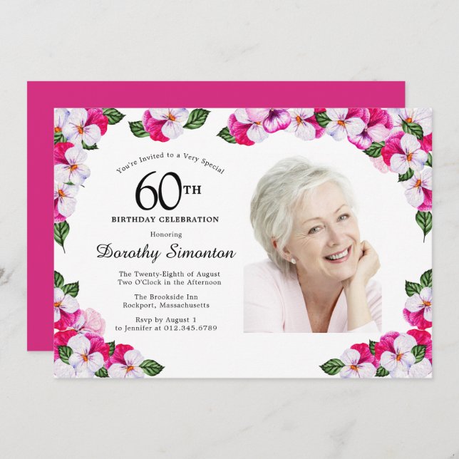 Pretty Magenta Pink White Photo 60th Birthday Invitation (Front/Back)