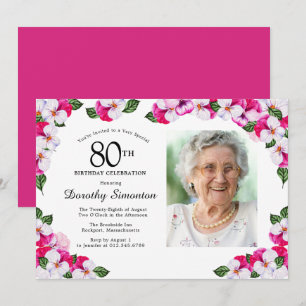 Pretty Magenta Pink White Photo 80th Birthday Invitation