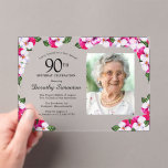Pretty Magenta Pink White Photo 90th Birthday Acrylic Invitations<br><div class="desc">This invitation is designed with a transparent acrylic background. An elegant frame of watercolor pansies surrounds your 90th birthday party details and photo. The bright and colourful magenta, pink and white floral is perfect for a spring or summer birthday celebration. All of the text is editable so you can create...</div>