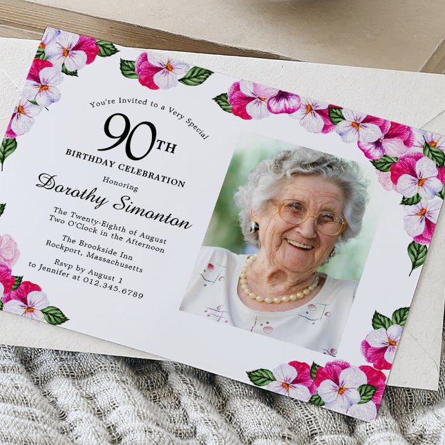 Pretty Magenta Pink White Photo 90th Birthday Invitation (Creator Uploaded)