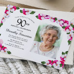 Pretty Magenta Pink White Photo 90th Birthday Invitation<br><div class="desc">An elegant frame of watercolor pansies surrounds your 90th birthday party details and photo. The bright and colourful magenta, pink and white floral is perfect for a spring or summer birthday celebration. All of the text is editable so you can create just the right vibe. The back of the invitation...</div>