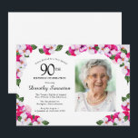 Pretty Magenta Pink White Photo 90th Birthday Invitation<br><div class="desc">An elegant frame of watercolor pansies surrounds your 90th birthday party details and photo. The bright and colourful magenta, pink and white floral is perfect for a spring or summer birthday celebration. All of the text is editable so you can create just the right vibe. The back of the invitation...</div>