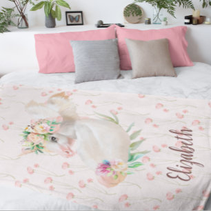 Pretty Magical Unicorn Pink Floral Fleece Blanket