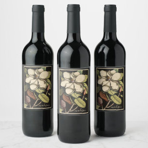 Pretty Magnolia Floral Script Name Wine Label
