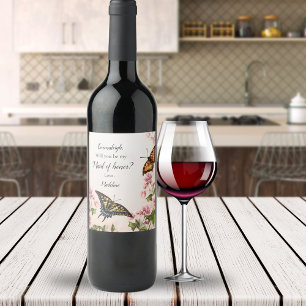 Pretty Maid of Honour Proposal Floral Butterflies Wine Label