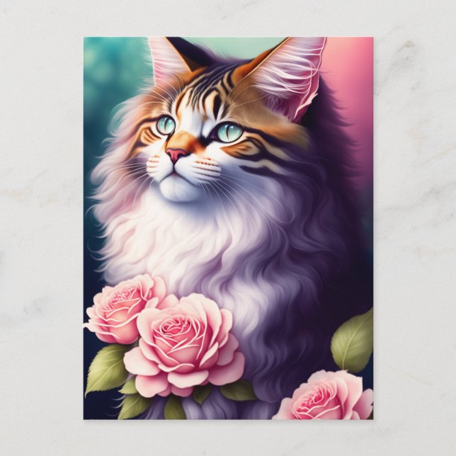 Pretty Maine Coon & Flowers Portrait  Postcard (Front)