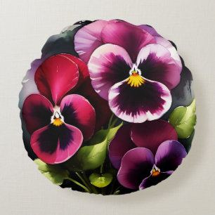 Pretty maroon daek red pansies watercolor painting round cushion