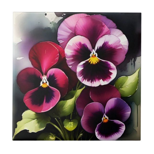 Pretty maroon daek red pansies watercolor painting tile (Front)