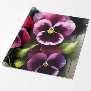 Pretty maroon daek red pansies watercolor painting wrapping paper
