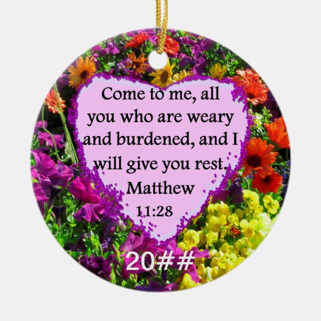 PRETTY MATTHEW 11:28 PURPLE FLORAL DESIGN CERAMIC TREE DECORATION (Front)