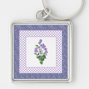 Pretty Mauve Violets Floral and Polka Dot Keychain