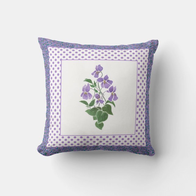 Pretty Mauve Watercolor Violets and Polka Dots Cushion (Front)