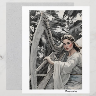 Pretty Mediaeval Harp Lady Vintage Scrapbook Paper
