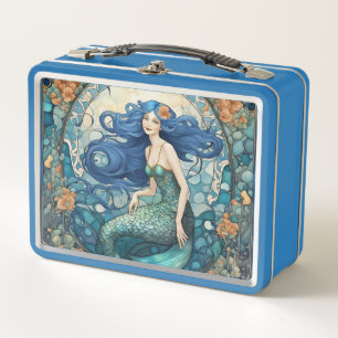 Pretty Mermaid Art Nouveau Art Deco Blue Metal Lunch Box