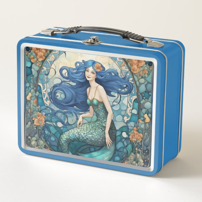 Pretty Mermaid Art Nouveau Art Deco Blue Metal Lunch Box (Front)