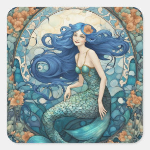Pretty Mermaid Art Nouveau Art Deco Blue Square Sticker