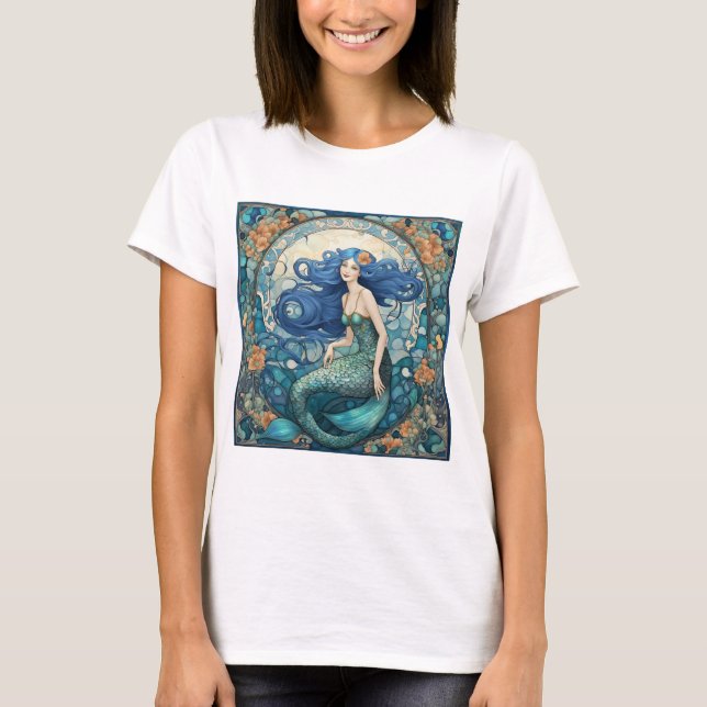Pretty Mermaid Art Nouveau Art Deco Blue T-Shirt (Front)