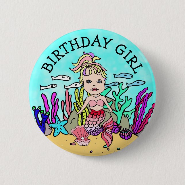 Pretty Mermaid Birthday Girl 6 Cm Round Badge (Front)