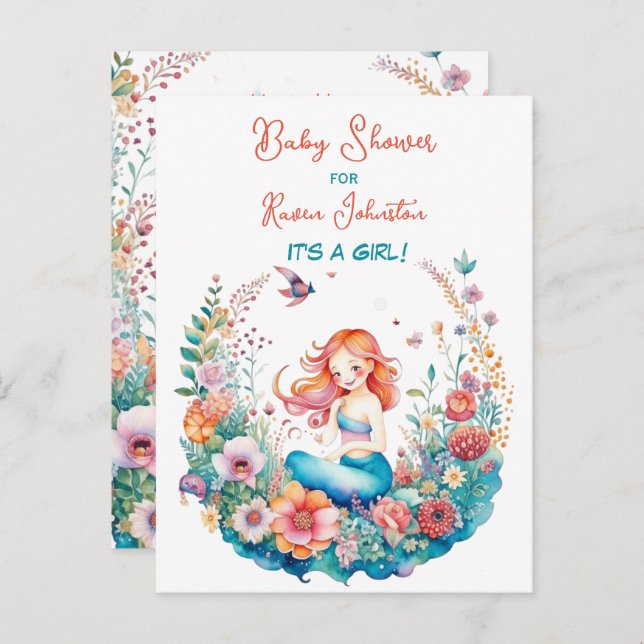 Pretty Mermaid Girl's Baby Shower Invitations (Front/Back)