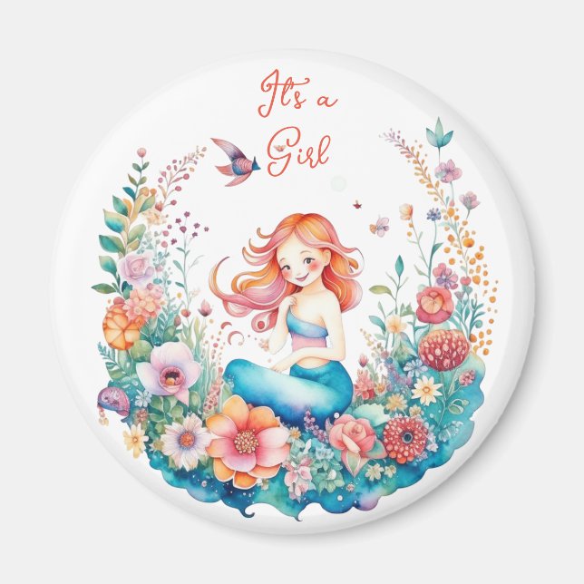 Pretty Mermaid Girl's Baby Shower It's a Girl Magnet (Front)