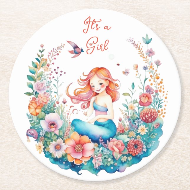 Pretty Mermaid Girl's Baby Shower It's a Girl Round Paper Coaster (Front)