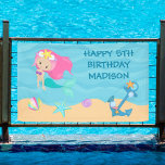 Pretty Mermaid Kids Custom Beach Birthday Party Banner<br><div class="desc">Join us under the sea for a whimsical children's birthday party for a little girl who loves pretty pink mermaids. These cute beach banner feature an adorable pink haired mermaid swimming next to beautiful seashells in the ocean. A cool children's pool party theme.</div>