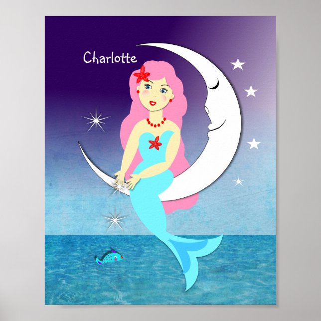 Pretty Mermaid On The Moon Personalised Poster (Front)