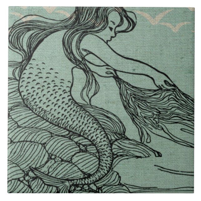 Pretty Mermaid On The Sea Shore Nautical Scene Tile (Front)