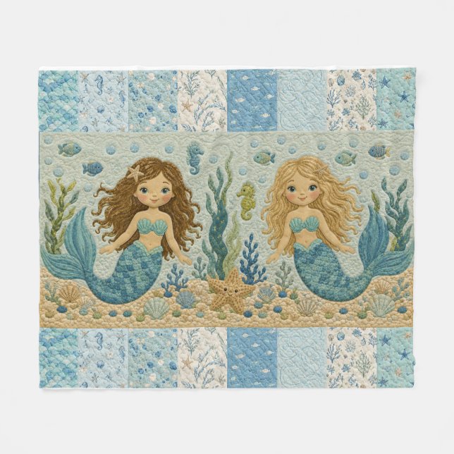 Pretty Mermaid Quilt Fleece Blanket (Front (Horizontal))