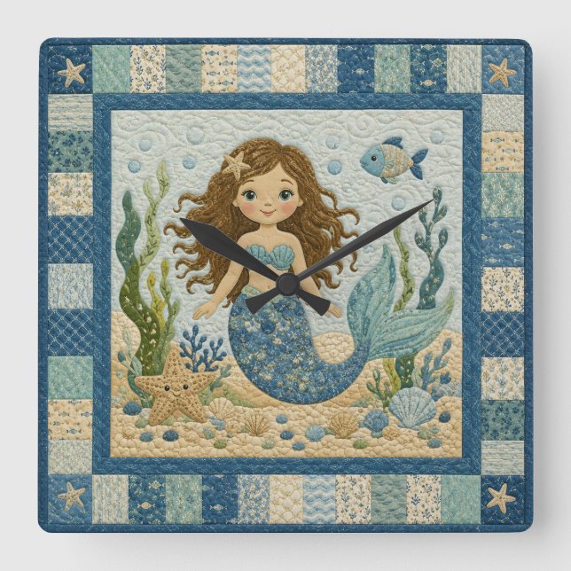 Pretty Mermaid Quilt Square Wall Clock (Front)