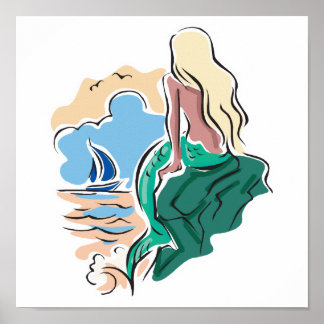 pretty mermaid sitting on rock poster