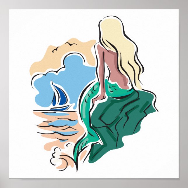 pretty mermaid sitting on rock poster (Front)
