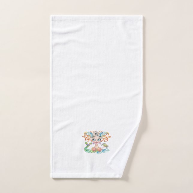 Pretty Mermaid with Turtle on White Hand Towel (Hand Towel)
