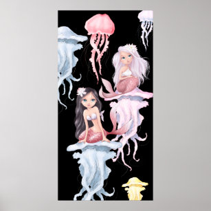 Pretty Mermaids and Jellyfish Under the Sea Beach Poster