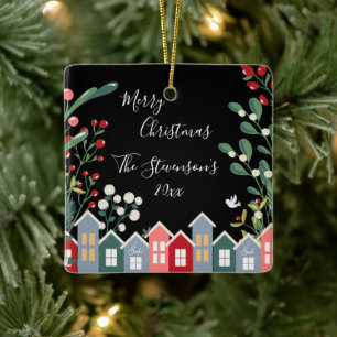 Pretty Merry Christmas Personalised Name Floral Ceramic Ornament