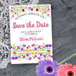 Pretty Mexican Fiesta Floral White and Pink Save The Date<br><div class="desc">Save the Date Announcement Card which you can customise to suit any occasion. The floral design has an abundance of pretty Mexican Fiesta flowers on the front with sweet typography in pink and a white background. The template is set up for you to personalise the postcard with your special date,...</div>