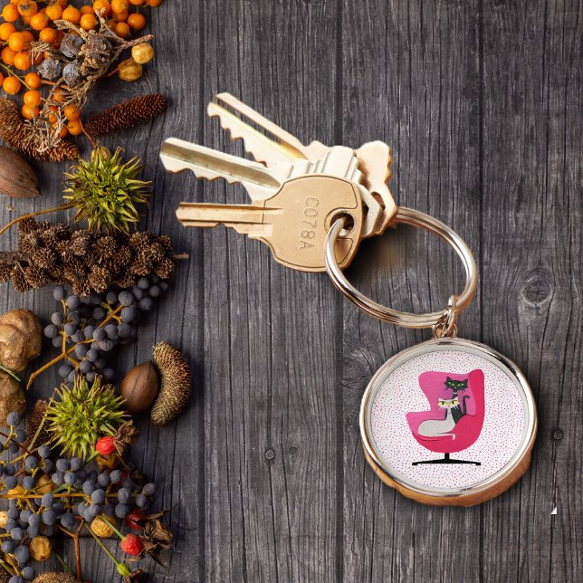 Pretty Mid Century Cats Pin Chair Polka Dots Key Ring (Pretty mid century cats in bright pink chair on pink polka dots keychain.)