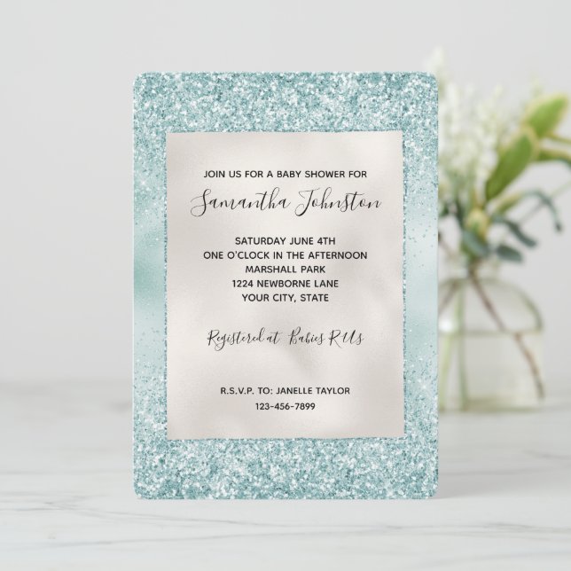 Pretty Mint Glitzy Sparkle Glitter   Invitation (Standing Front)