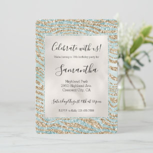 Pretty Mint Glitzy Sparkle Gold Zebra Glitter   Invitation