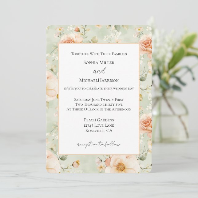 Pretty Mint Peach Flowers Wedding   Invitation (Standing Front)