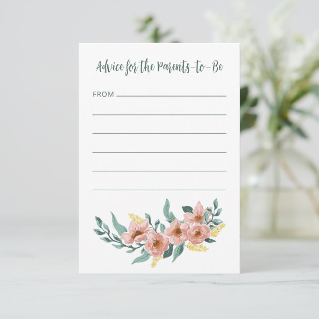 Pretty Mint Sage Blush Floral Custom Baby Shower Advice Card (Standing Front)
