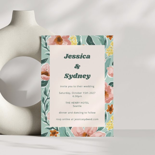 Pretty Mint Sage Blush Pink Floral Wedding Invitation (Creator Uploaded)