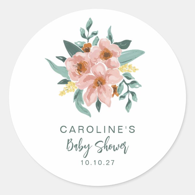 Pretty Mint Sage Pink Floral Custom Baby Shower Classic Round Sticker (Front)