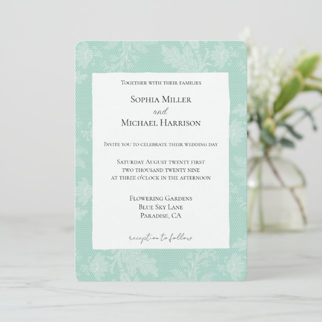 Pretty Mint White Floral Faux Lace Wedding Invitation (Standing Front)
