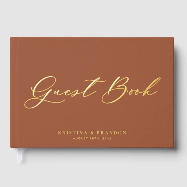 Pretty Modern Calligraphy Terracotta Photo Wedding Guest Book (Front)