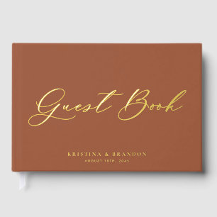 Pretty Modern Calligraphy Terracotta Photo Wedding Guest Book